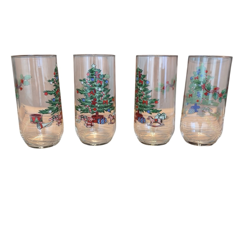 Festive Vintage Christmas Tree Glass Tumblers - Set of 4 - 16 oz - 6"